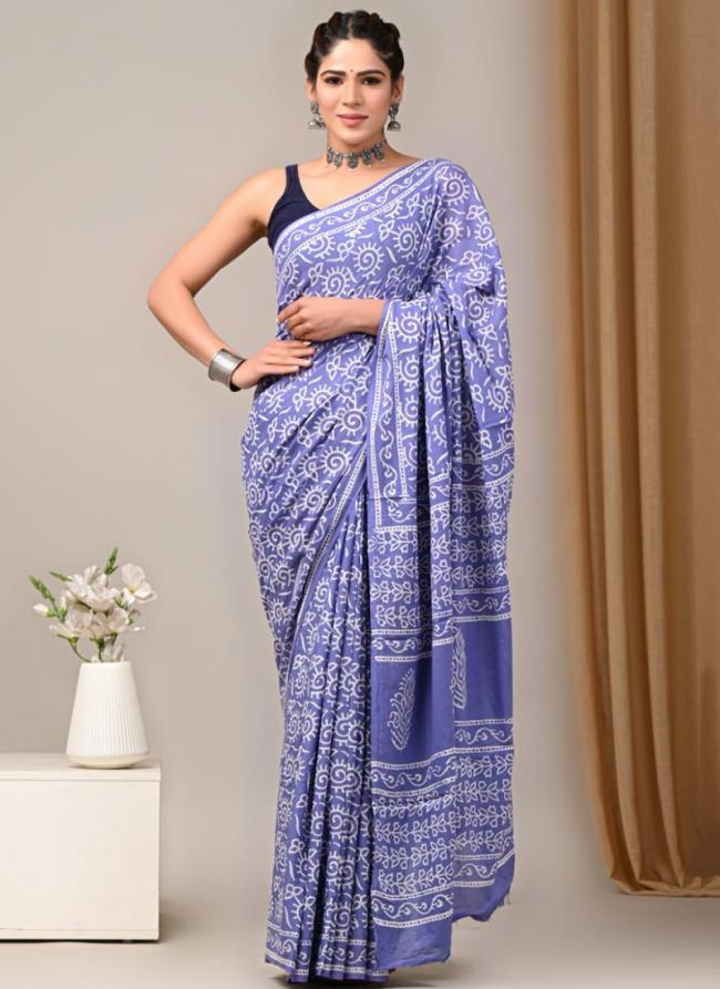 Cotton Blue Casual Wear Printed Saree